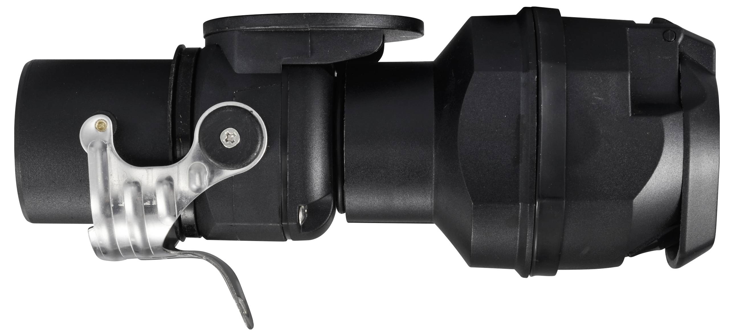 Ein schwarzer, zylindrischer Adapter mit Hebelmechanismus an der Seite, möglicherweise für elektrische oder mechanische Verbindungen.