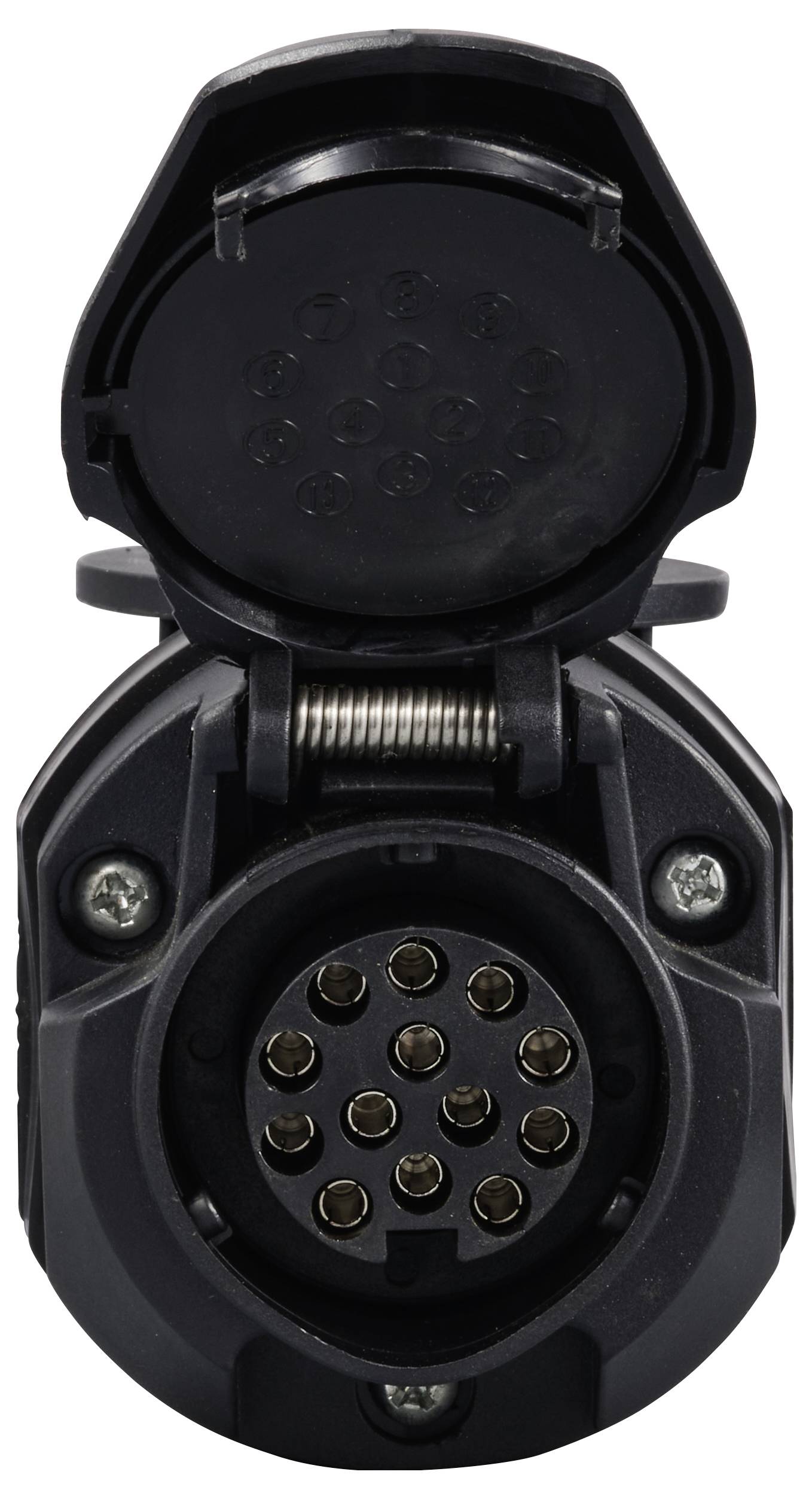 Eine geöffnete 13-polige Anhängersteckdose mit sichtbaren Metallkontakten, die für den Anschluss von Anhängern an Fahrzeuge verwendet wird.