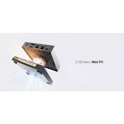 Zwei kompakte Mini-PCs, Z100-Aero, mit mehreren Anschlüssen. Schlichte, moderne Gestaltung. Hauptmerkmale: Portabilität und Vielseitigkeit.