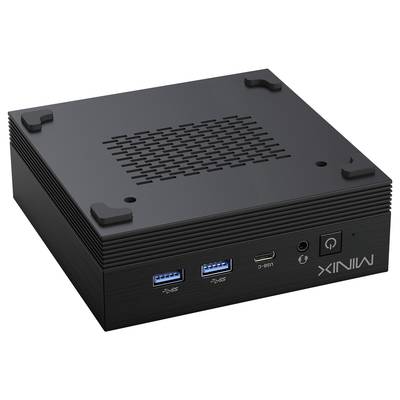 Kleiner schwarzer Mini-PC mit zwei USB 3.0-Ports, HDMI-Anschluss und Power-Taste an der Vorderseite.
