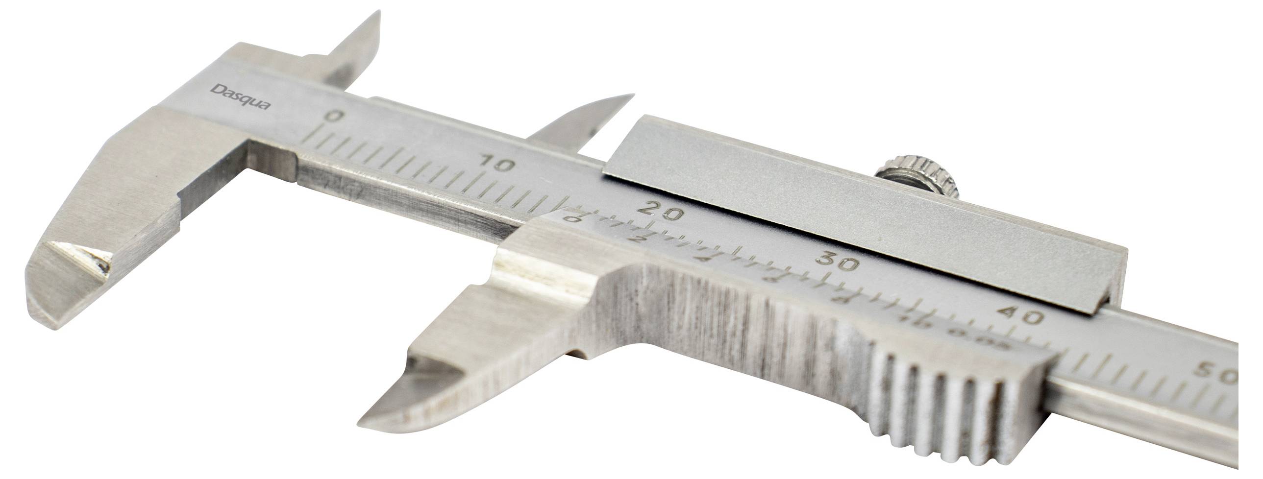 Ein silberner Messschieber mit metrischer Skala zeigt eine Messung an. Hauptsächlich zur präzisen Messung von Längen.