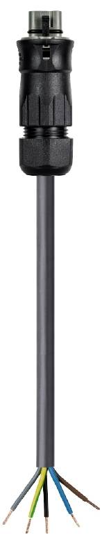 Ein zusammengesetztes Kabel mit sechs farblich markierten Adern (schwarz, blau, grün, gelb, braun, grau) und einem Kunststoffstecker.