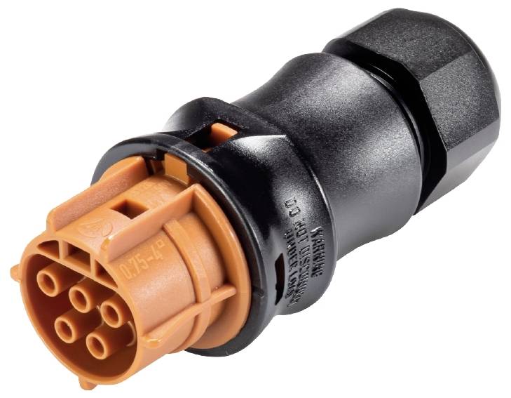 Ein schwarzer und orangefarbener Elektronikstecker mit mehreren Steckplätzen. Designed für den Anschluss in technischen Systemen.