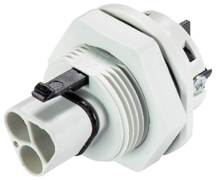 Ein elektrischer Steckeradapter, zylindrisch, hauptsächlich weiß, mit schwarzen und metallischen Elementen.