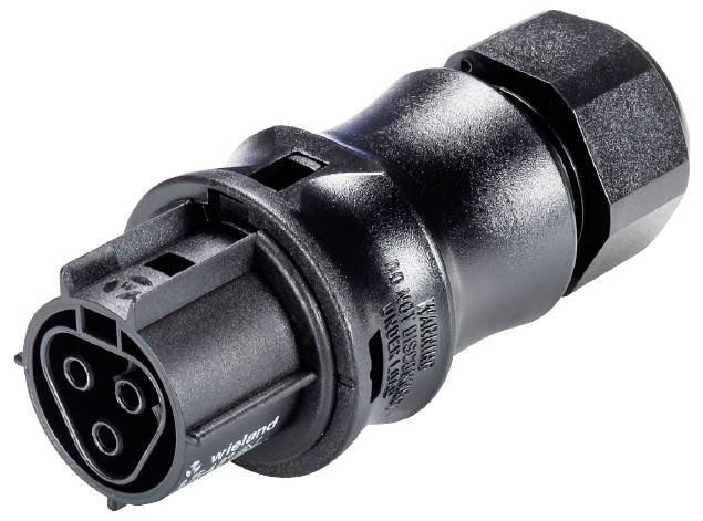 Schwarzer elektrischer Stecker mit mehrpoligem Anschluss, geeignet für industrielle Anwendungen.