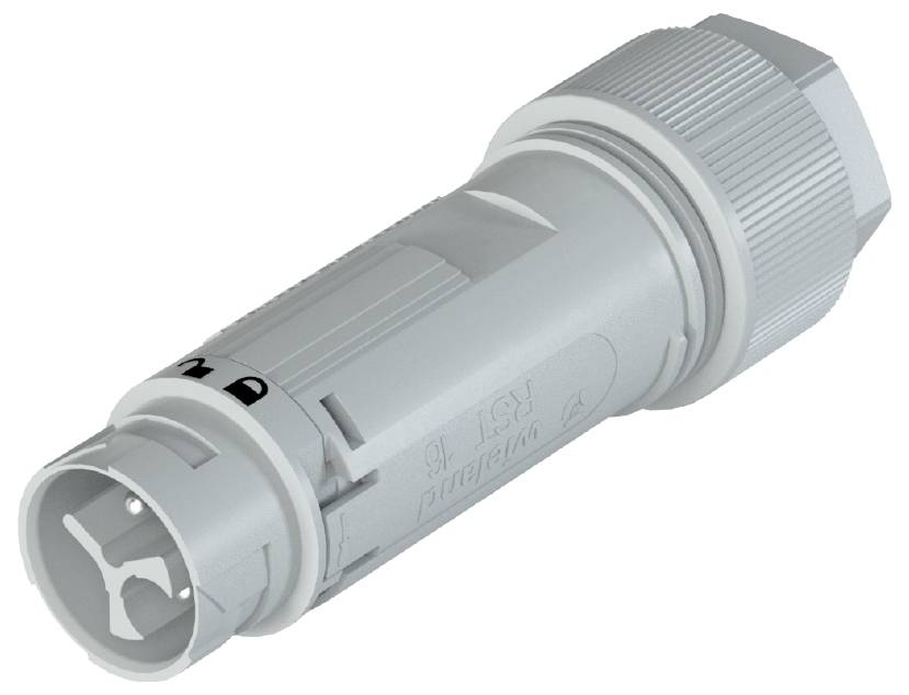 Ein grauer, zylindrischer Steckverbinder mit Rillen und Beschriftungen auf der Oberfläche. Geeignet für technische Anwendungen.