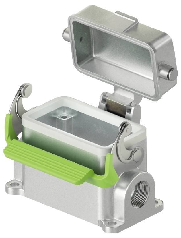 Metallgehäuse mit geöffnetem Deckel und grünem Haltegriff, geeignet für elektrische Anschlüsse.