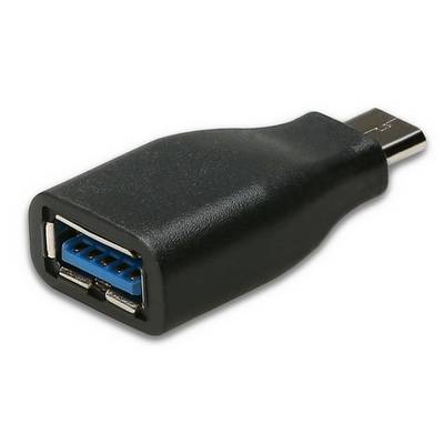 USB-C-Adapter mit schwarzem Gehäuse und blauem USB-Anschluss. Verbindet USB-C-Geräte mit USB-A-Zubehör. Ideal für Datenübertragung.