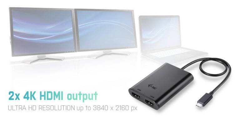'2x 4K HDMI output' Adapter mit zwei HDMI-Buchsen, kompatibel mit Ultra HD-Auflösungen bis zu 3840 x 2160 Pixel. Zwei Bildschirme im Hintergrund.