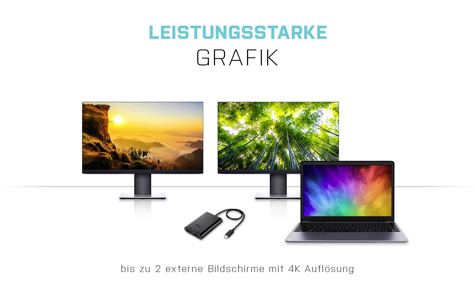 'Leistungsstarke Grafik' zeigt zwei Monitore mit Naturbildern und einen Laptop mit farbigem Bildschirm. Unterstützt 4K-Externe.