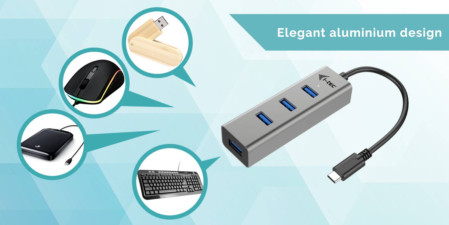 USB-Hub mit vier Anschlüssen und elegantem Aluminiumdesign wird mit verschiedenen Geräten wie Maus, Tastatur und externer Festplatte verwendet.