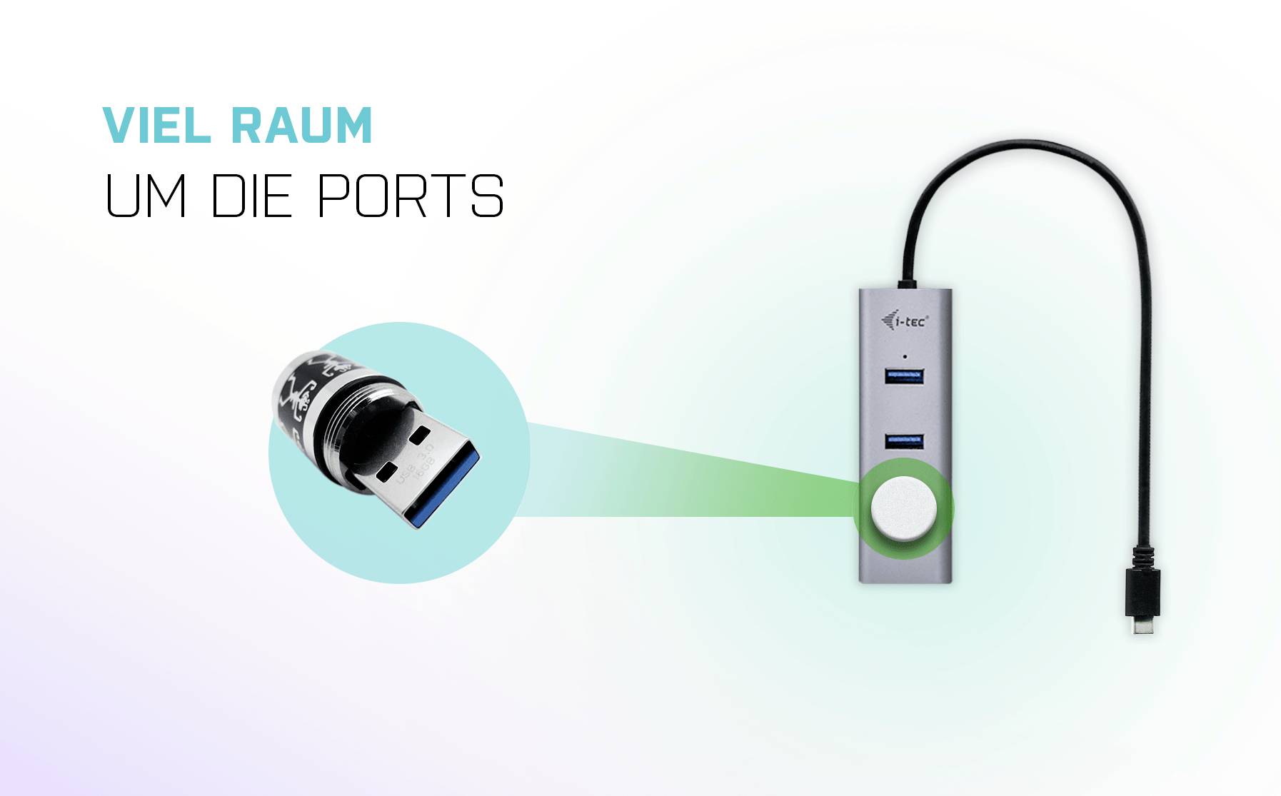 Ein USB-C-Hub mit mehreren Steckplätzen und dem Text 'VIEL RAUM UM DIE PORTS', der die großzügige Anordnung der Ports betont.