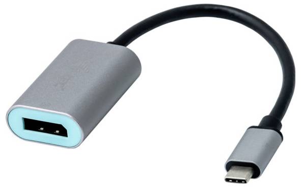 USB-C-zu-HDMI-Adapter mit grauem Metallgehäuse und kurzem Kabel. Eignet sich zum Verbinden eines USB-C-Geräts mit einem HDMI-Anschluss.
