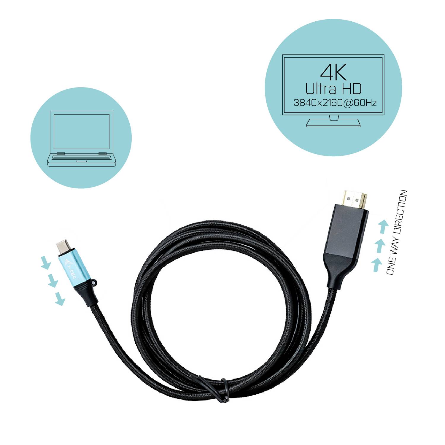 Ein USB-C-zu-HDMI-Kabel mit 'One Way Direction' Hinweis. Unterstützt 4K Ultra HD 3840x2160 @60Hz, geeignet für Laptops.