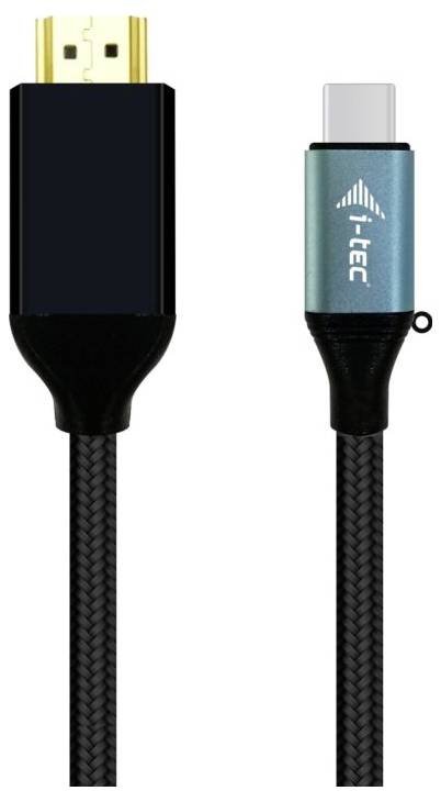 USB-C-auf-HDMI-Kabel, schwarzes Kabel mit türkisfarbenem und goldenem Anschluss, für Bildschirme oder Projektoren.
