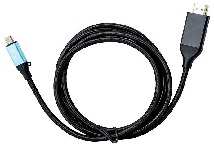 HDMI-zu-USB-C-Kabel mit schwarzer, geflochtener Umhüllung. Ein Ende hat einen Standard-HDMI-Stecker, das andere einen USB-C-Anschluss.