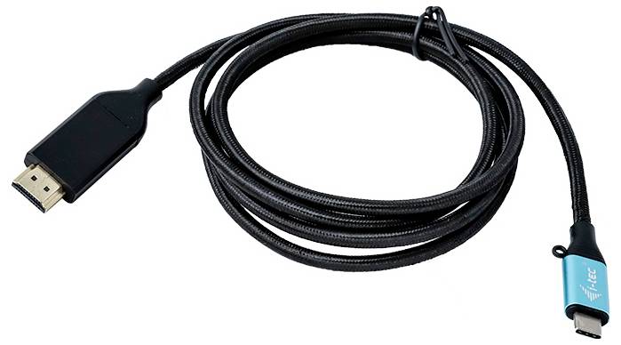 Ein HDMI-Kabel mit schwarzem Kabelmantel und einem blauen Stecker auf der rechten Seite, geeignet für Video- und Audioverbindungen.