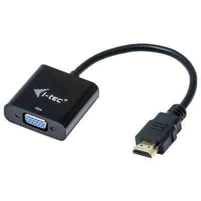HDMI-zu-VGA-Adapter mit schwarzem Gehäuse und kleinem VGA-Anschluss links, HDMI-Stecker rechts. Markenname 'i-tec' auf dem Gehäuse.