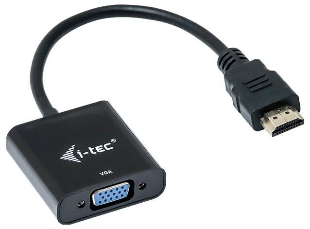 Ein schwarzer Adapter mit einem HDMI-Stecker und einem VGA-Anschluss, Marke i-tec.