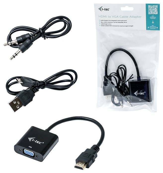 Ein HDMI-zu-VGA-Kabel-Adapter von i-tec, gezeigt mit USB- und Audioanschlüssen, verpackt in einer transparenten Tüte.