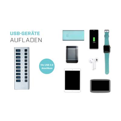 'USB-Geräte aufladen' zeigt einen USB-Hub mit 10 Anschlüssen und verschiedenen elektronischen Geräten, darunter Tablets, Smartphone und Kopfhörer.