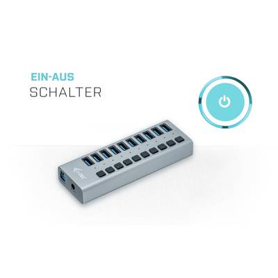 USB-Hub mit 10 Anschlüssen und Ein-Aus-Schalter, abgebildet neben einem Power-Symbol.