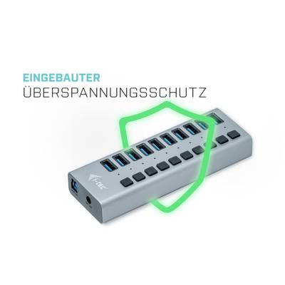 Ein USB-Hub mit acht Anschlüssen und eingebautem Überspannungsschutz. Ein grünes Schild symbolisiert den Schutz.