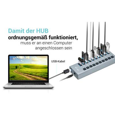Ein Laptop ist über ein USB-Kabel mit einem USB-Hub verbunden. Text erklärt, dass der HUB für ordnungsgemäße Funktion angeschlossen sein muss.