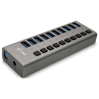 USB-Hub mit sieben Ports, silbernes Gehäuse, Markenlogo auf der Seite, zeigt USB-3.0-Anschlüsse und Netzteilanschluss.