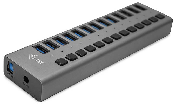 Silberner USB-Hub mit 16 USB-Ports, Marke 'i-tec', abgebildet von der Seite.