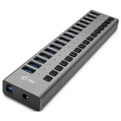 USB-Hub mit 12 Ports von i-Tec, mattgraues Design. Ideal zur Erweiterung von Anschlussmöglichkeiten für Computer und Geräte.