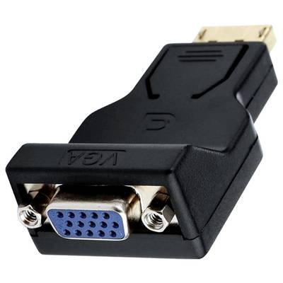 'Ein schwarzer VGA-zu-DisplayPort-Adapter mit einem blauen VGA-Stecker und goldfarbenem DisplayPort-Stecker.'