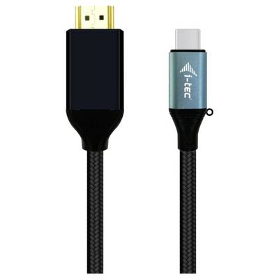 Schwarzes HDMI-Kabel mit goldenem Anschluss links und türkisfarbener USB-C-Anschluss rechts mit 'i-tec'-Logo.