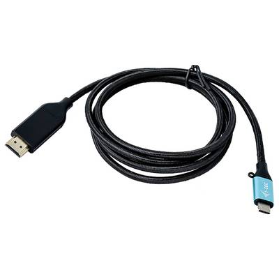 Ein schwarzes geflochtenes HDMI-zu-Mini-HDMI-Kabel mit einem blauen Steckerende.
