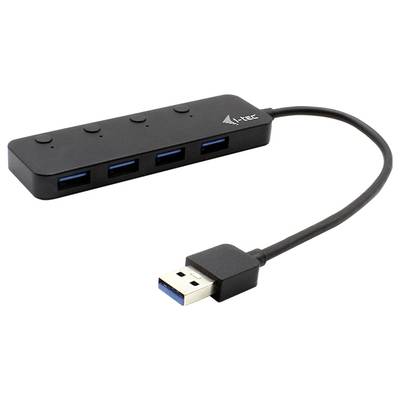 USB-Hub mit vier Anschlüssen, verbunden mit einem USB-Kabel. Ideal zum Erweitern der USB-Konnektivität in einem Computer.