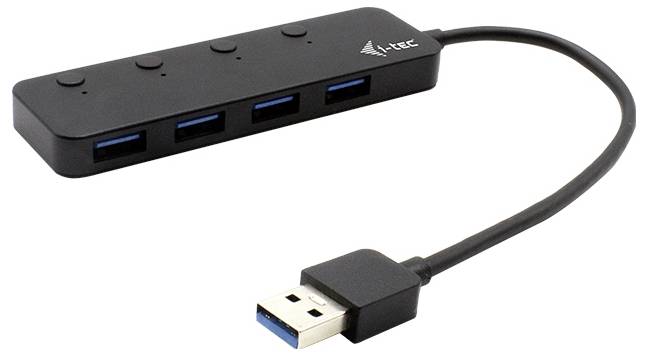 Ein schwarzer USB-Hub mit vier USB-3.0-Anschlüssen und einem Verbindungskabel.