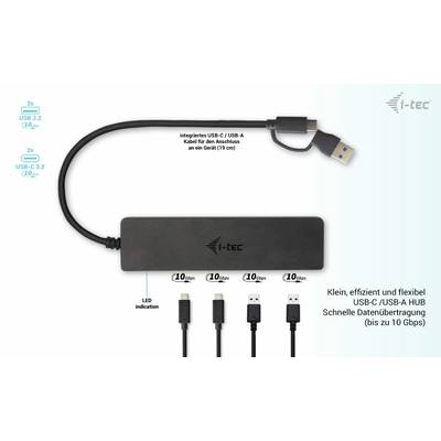 'USB-C/USB-A Hub für schnelle Datenübertragung bis zu 10 Gbps. Vier Anschlüsse mit LED-Anzeige.'
