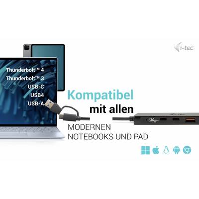 'Laptop mit angeschlossener Dockingstation, kompatibel mit Thunderbolt™ 4, USB-C, USB4, USB-A. Geeignet für moderne Notebooks und Pads.'