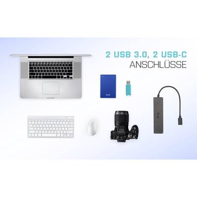 Ein Laptop mit Tastatur, Maus, Kamera, Festplatte, USB-Stick und USB-C-Adapter. Text: '2 USB 3.0, 2 USB-C Anschlüsse'.