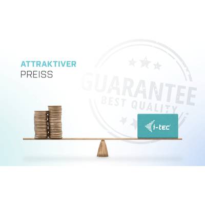 Ein Stapel Münzen auf einer Waage balanciert mit einer i-tec-Karte. Links steht 'Attraktiver Preis'. Im Hintergrund ein Qualitätssiegel.