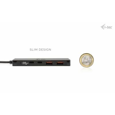 'USB-C Hub mit schlankem Design, zwei USB-C- und zwei USB-A-Anschlüssen. Größenvergleich mit einer 1-Euro-Münze.'
