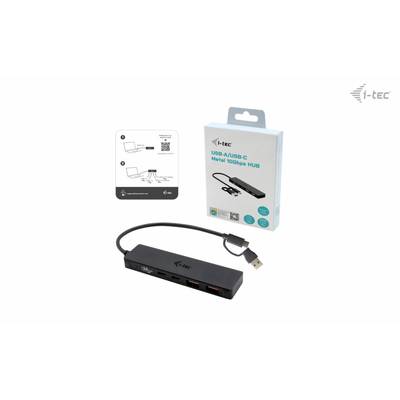 Ein USB/AUSB-C Hub mit Kabel, Verpackung und Anleitung. Design von i-tec, geeignet für 1000 Mbps Ethernet-Verbindungen.