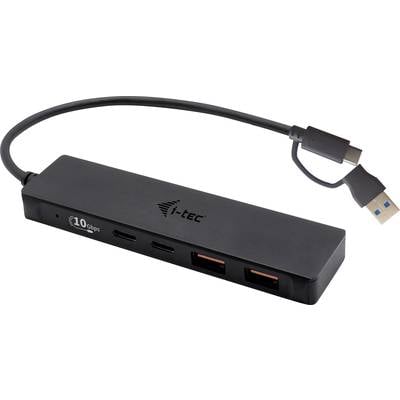 'Schwarzer USB-Hub mit drei USB-Anschlüssen und einem USB-Kabel, das an einem Gerät angeschlossen wird. Marke: i-tec.'