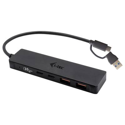 Externer USB-C-Hub mit mehreren Anschlüssen, darunter zwei USB-A- und zwei USB-C-Ports. Ideal für zusätzliche Verbindungsmöglichkeiten.