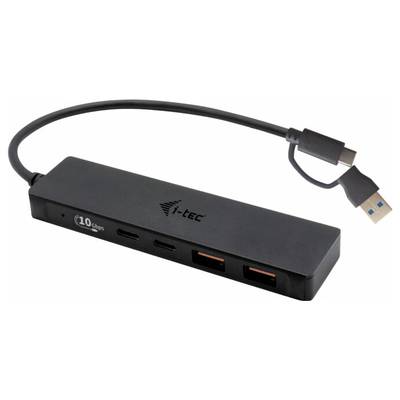 Ein schwarzer USB-C-Hub der Marke i-tec mit vier Anschlüssen, darunter USB-C und USB-A, sowie einem integrierten Verbindungskabel.