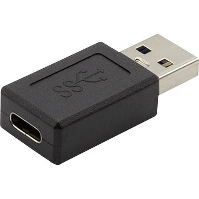 Ein schwarzer Adapter mit USB-A zu USB-C Anschluss, ermöglicht Verbindung älterer Geräte mit neueren USB-C Kabeln.