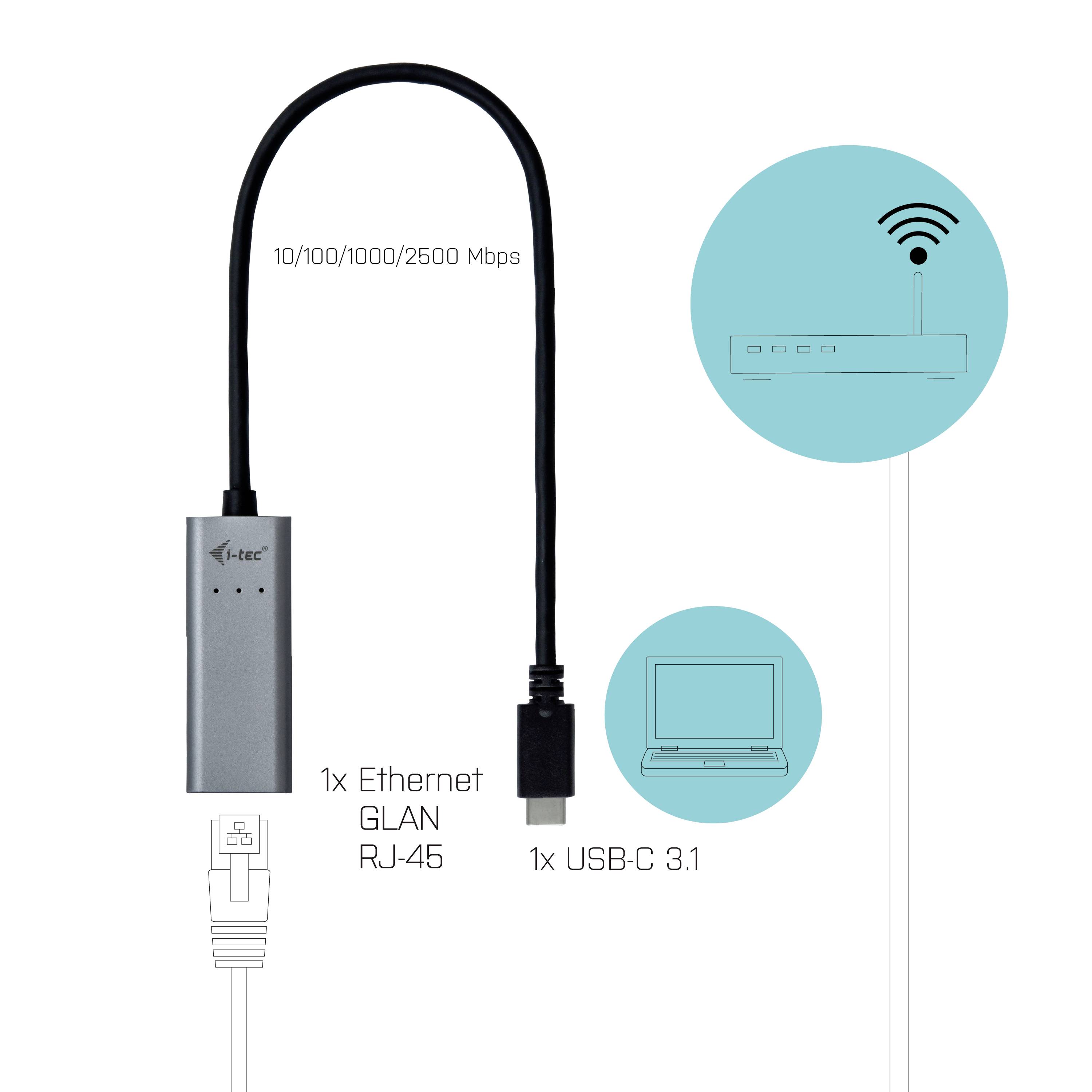 Ein USB-C auf Ethernet-Adapter mit 10/100/1000/2500 Mbps Geschwindigkeiten. Verbindet einen Laptop mit einem LAN-Netzwerk.