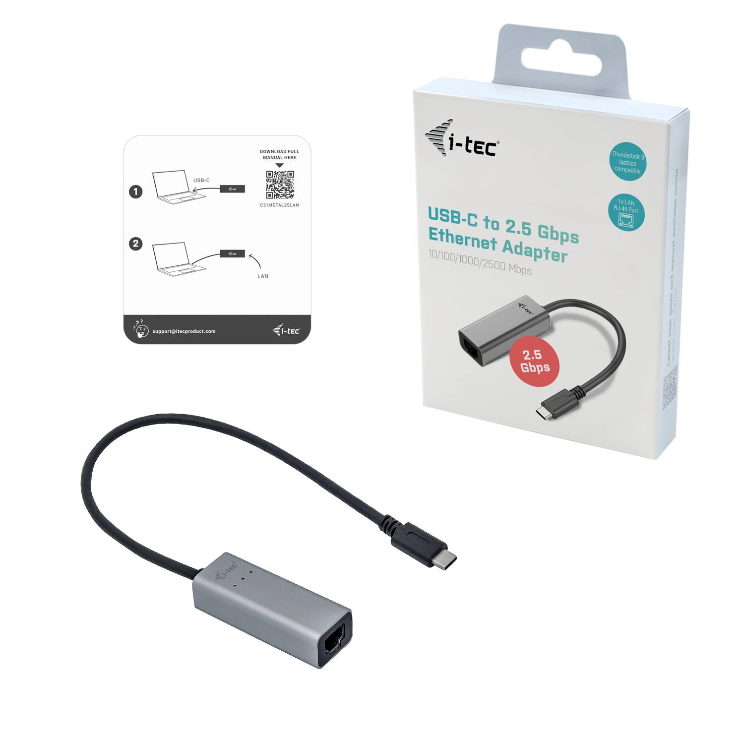 USB-C auf 2,5 Gbps Ethernet Adapter neben Verpackung mit Anleitung. Adapter bietet schnelle Netzwerkverbindung für kompatible Geräte.