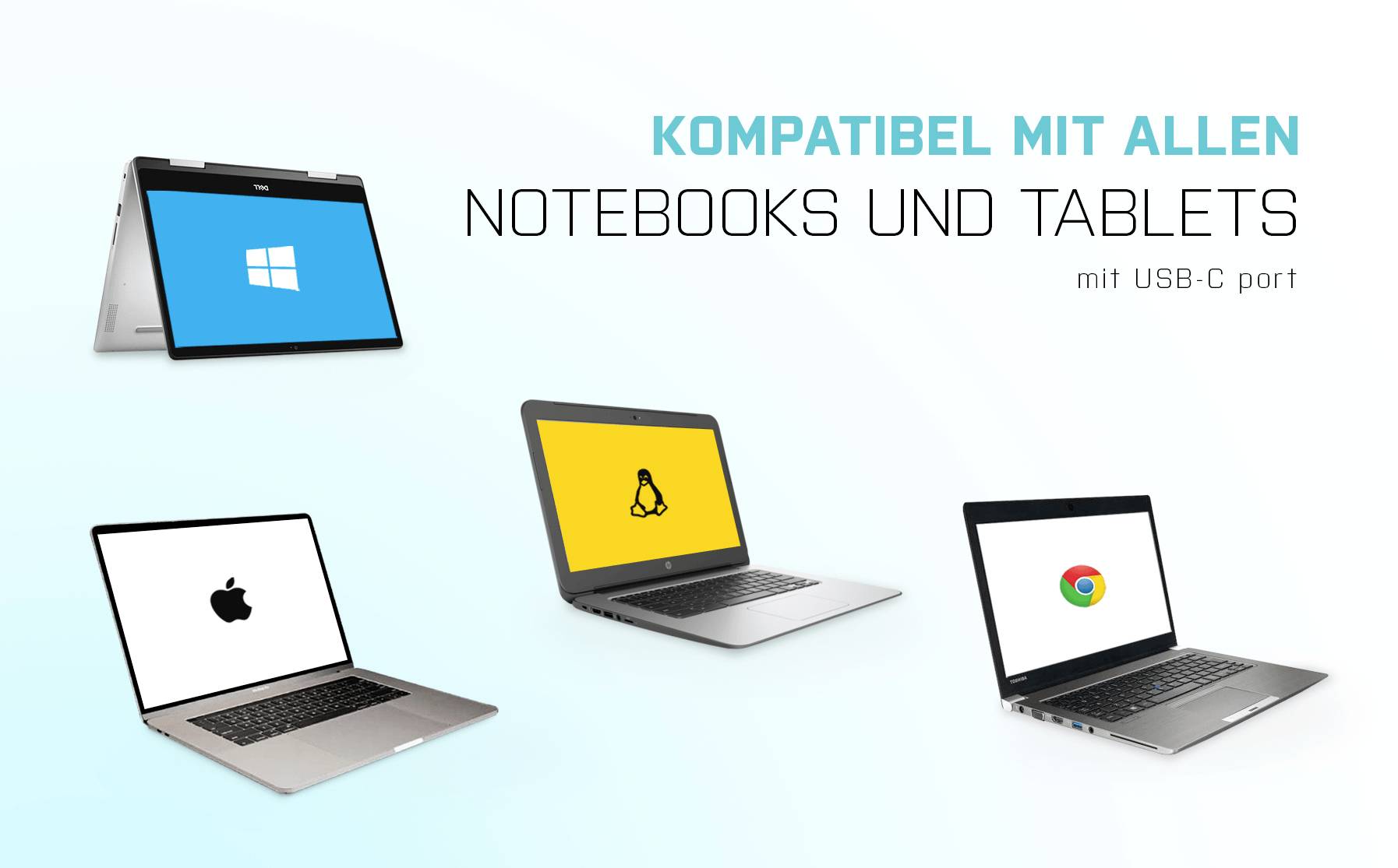 'Kompatibel mit allen Notebooks und Tablets mit USB-C port.' Vier Laptops/Tablets mit Betriebssystem-Logos: Windows, Apple, Linux, Chrome.