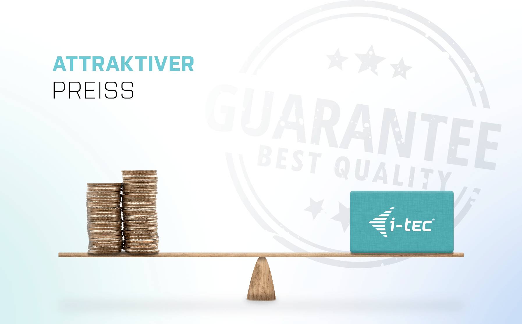 Eine Waage zeigt auf der linken Seite einen Stapel Münzen und auf der rechten Seite eine i-tec-Karte mit dem Text 'Attraktiver Preis'.